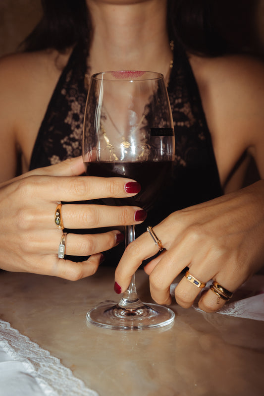 Model wearing Beurre d'Or gold vermeil and silver rings